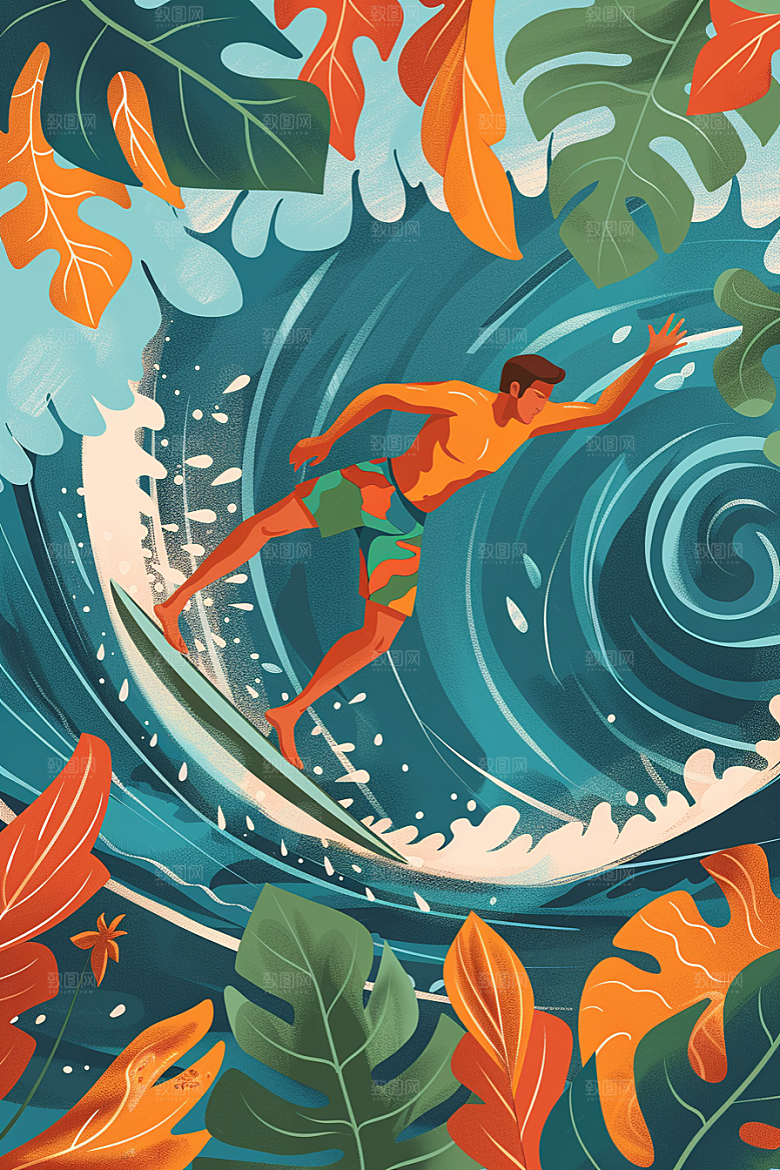 扁平风冲浪夏天海浪插画