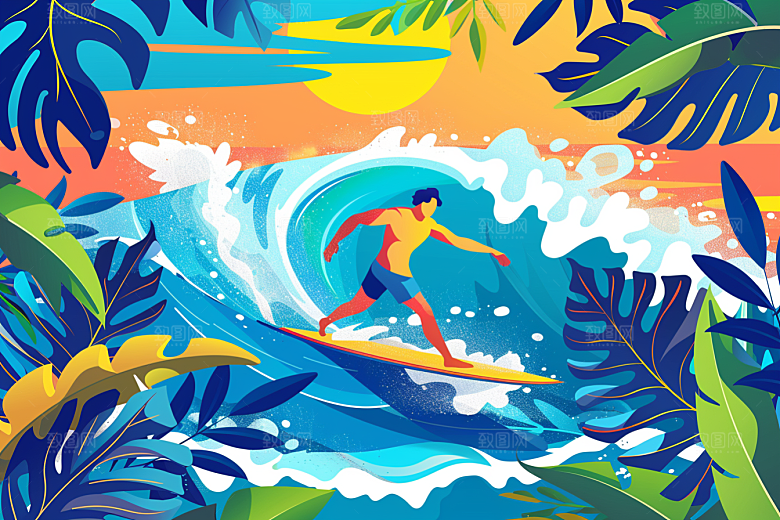 扁平风冲浪夏天玩水插画