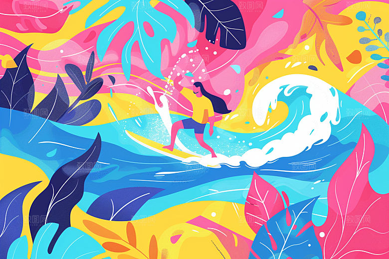 扁平风冲浪彩色体育插画