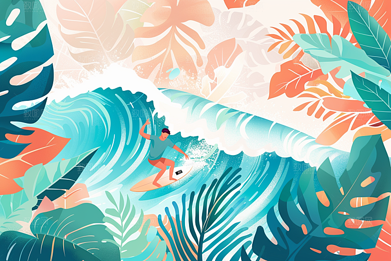 扁平风冲浪夏季清新插画