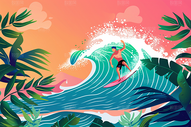 扁平风冲浪运动清新插画