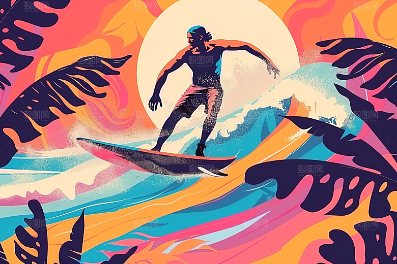 扁平风冲浪自然海浪插画