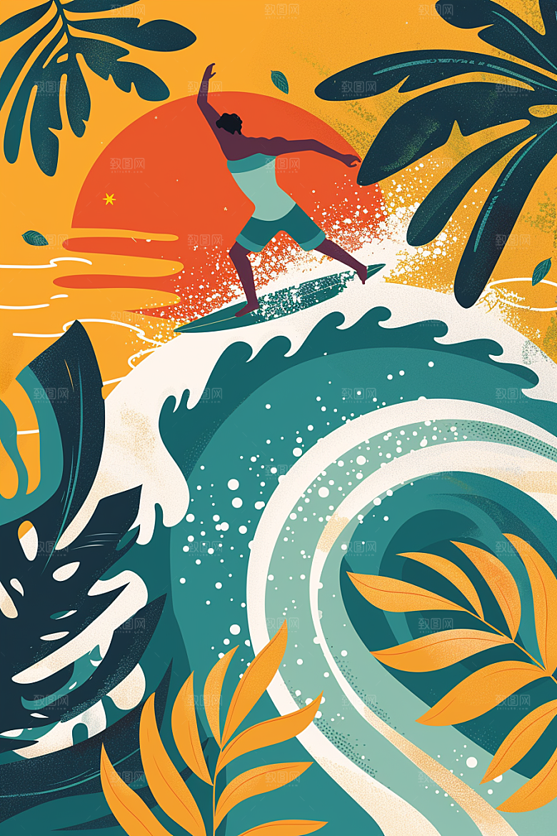 扁平风冲浪INS风手绘插画