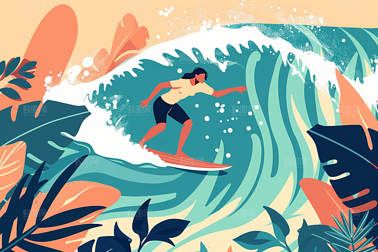 扁平风冲浪夏天休闲插画