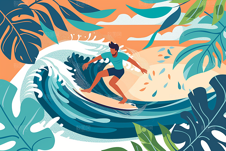 扁平风冲浪海边简约插画