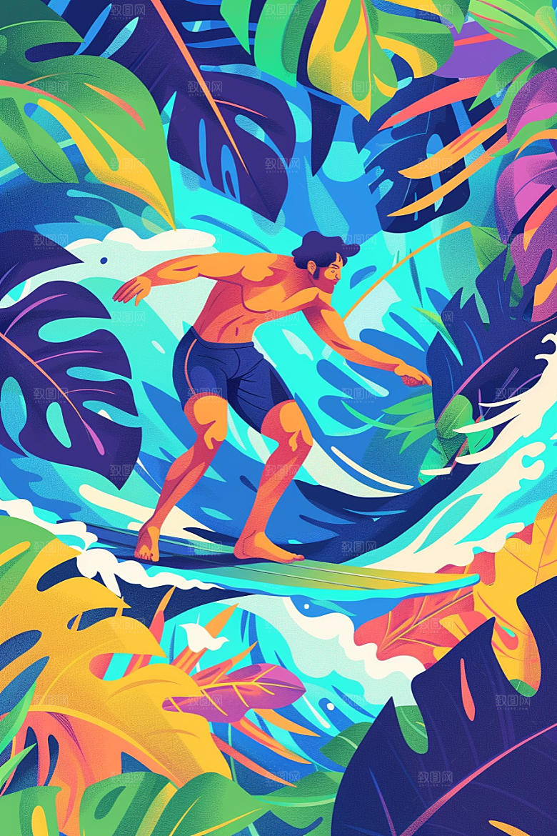 扁平风冲浪水上运动夏季插画