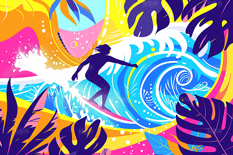 扁平风冲浪玩水简约插画