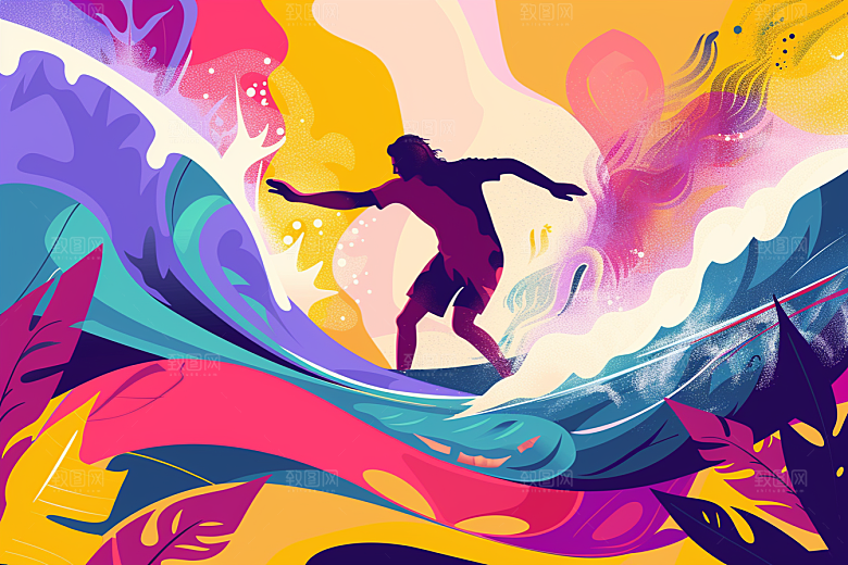 扁平风冲浪水上运动彩色插画