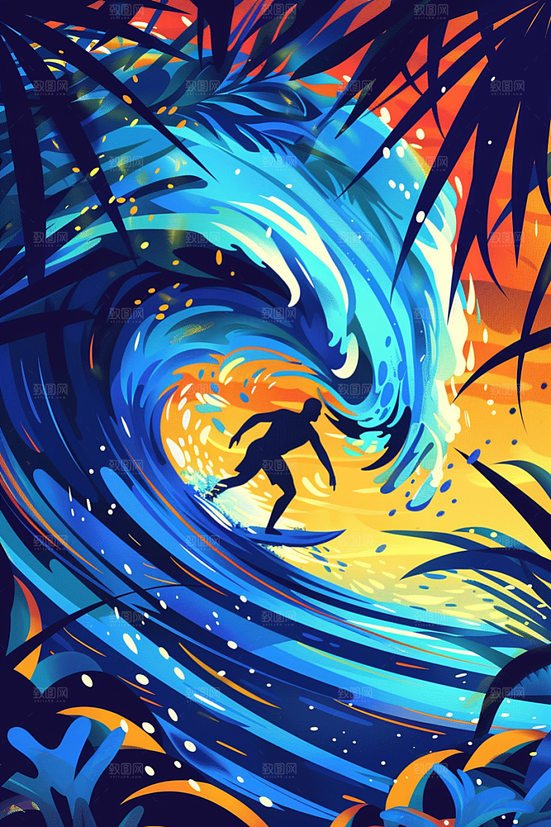 扁平风冲浪手绘彩色插画