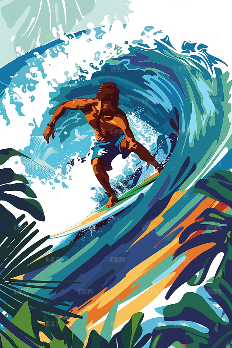 扁平风冲浪简约手绘插画