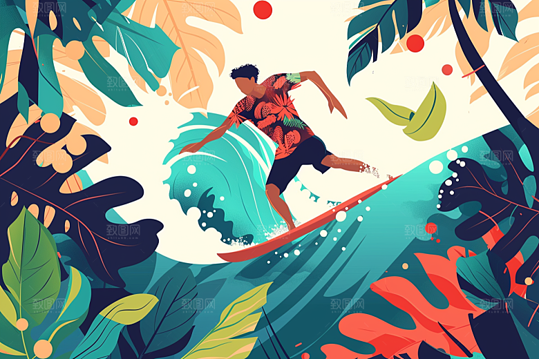 扁平风冲浪海边清新插画