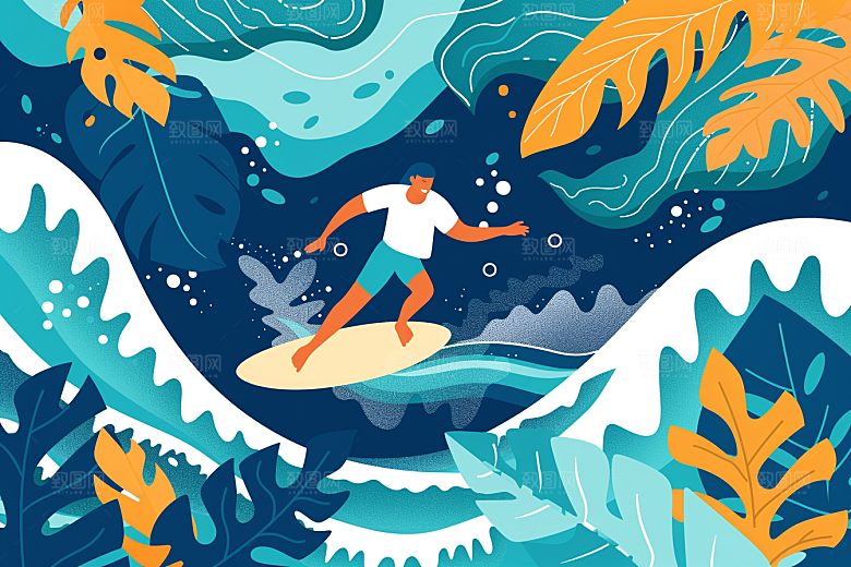 扁平风冲浪海边画报风插画