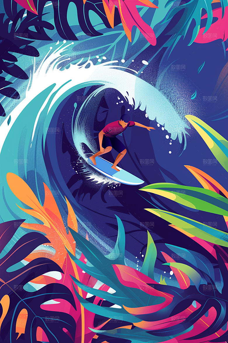 扁平风冲浪高清海边插画
