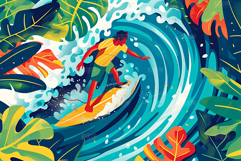 扁平风冲浪体育海浪插画