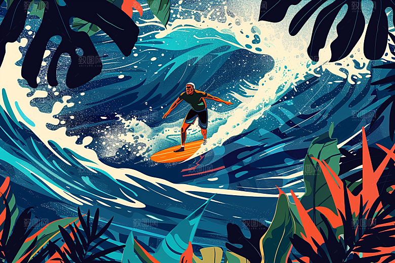 扁平风冲浪戏水水上运动插画