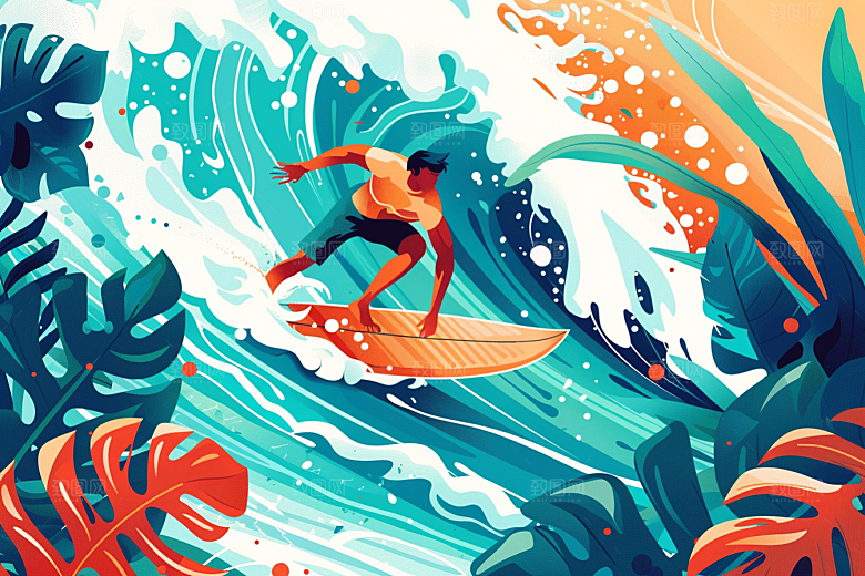 扁平风冲浪清新夏天插画