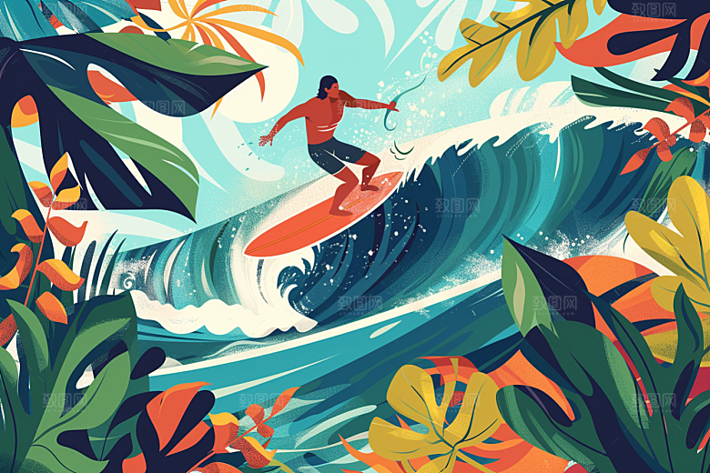扁平风冲浪夏天高清插画