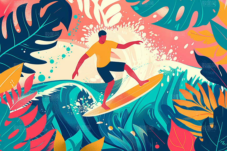 扁平风冲浪画报风海边插画