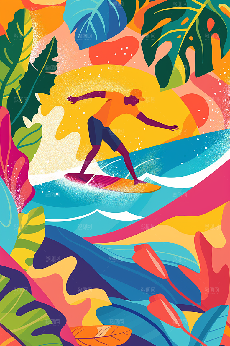 扁平风冲浪夏天体育插画