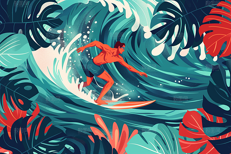 扁平风冲浪清新INS风插画