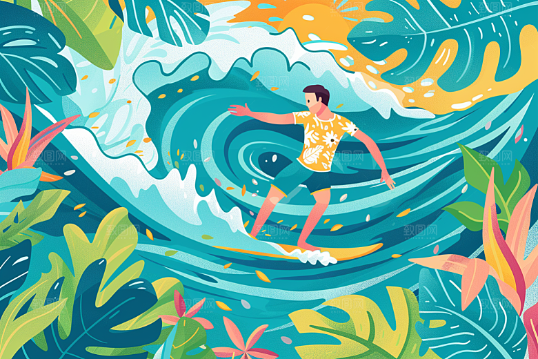 扁平风冲浪海浪彩色插画