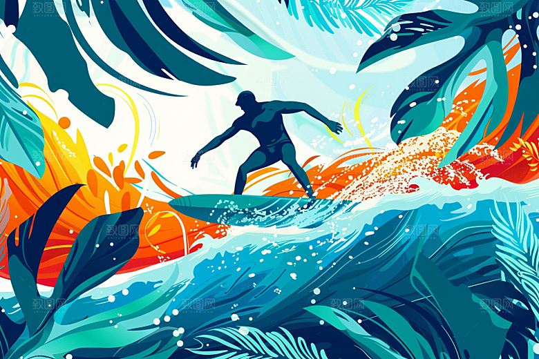 扁平风冲浪戏水休闲插画