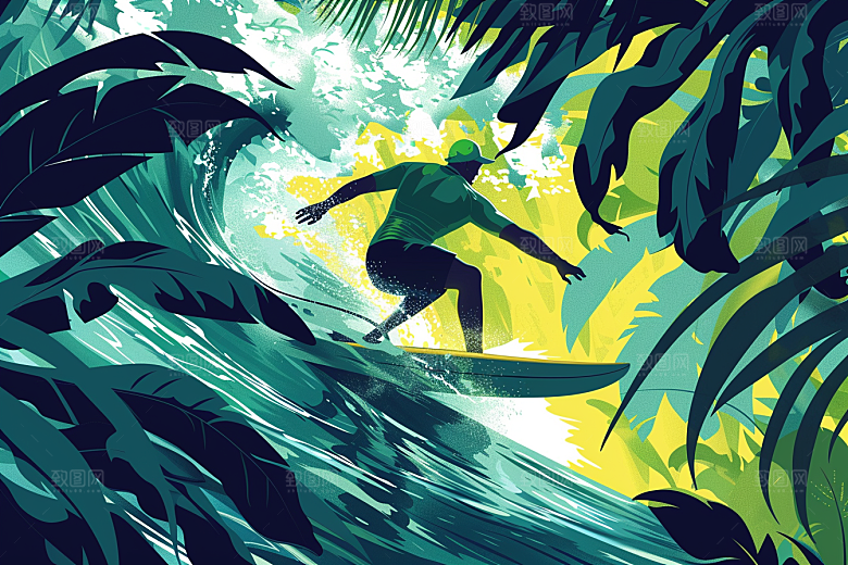 扁平风冲浪夏天运动插画