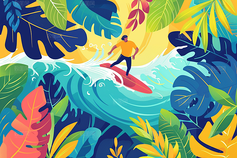 扁平风冲浪海浪夏季插画