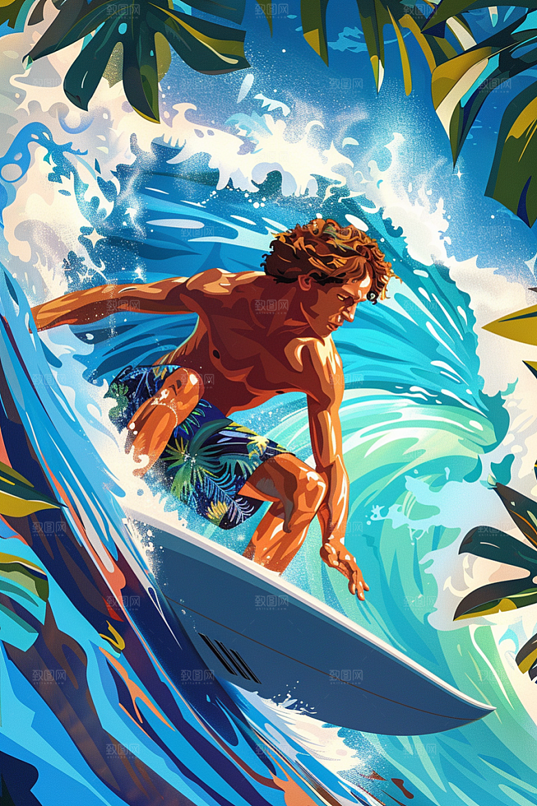 扁平风冲浪休闲画报风插画