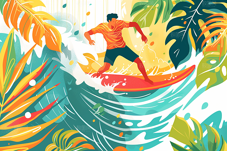 扁平风冲浪夏天玩水插画