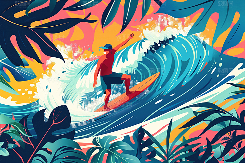 扁平风冲浪水上运动夏天插画