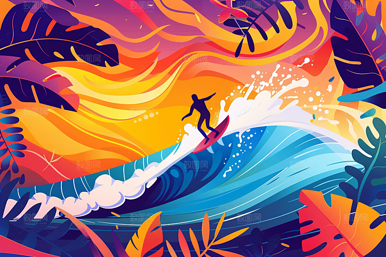 扁平风冲浪戏水运动插画