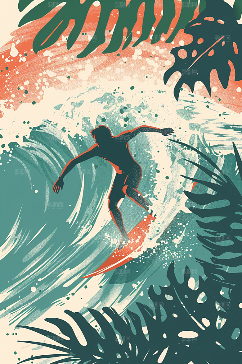 扁平风冲浪夏天彩色插画