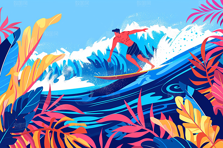 扁平风冲浪海边海浪插画