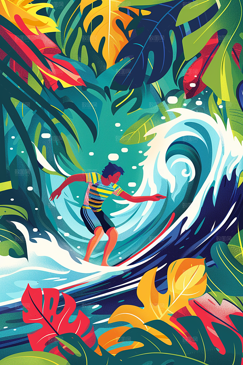 扁平风冲浪夏季玩水插画