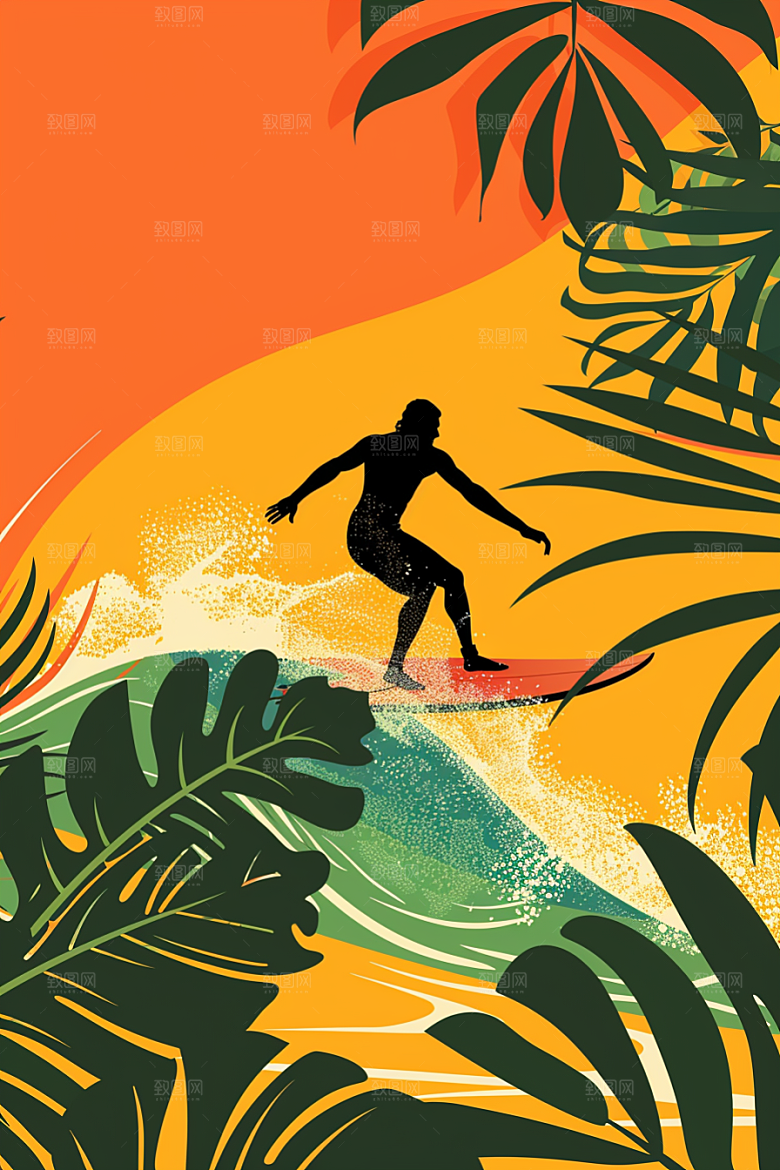 扁平风冲浪彩色夏天插画