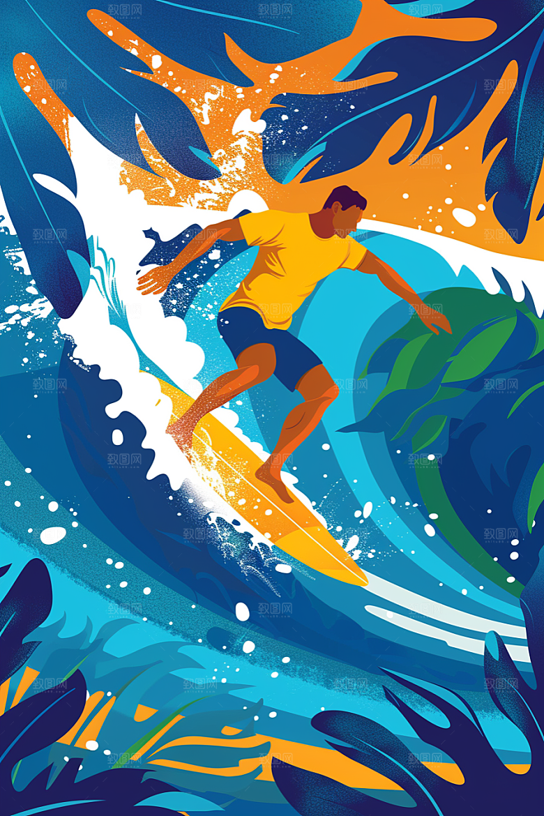 扁平风冲浪海浪清新插画