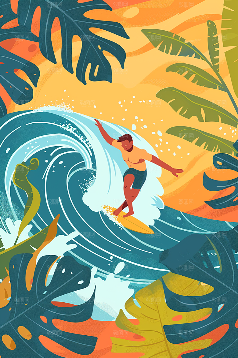 扁平风冲浪夏天戏水插画