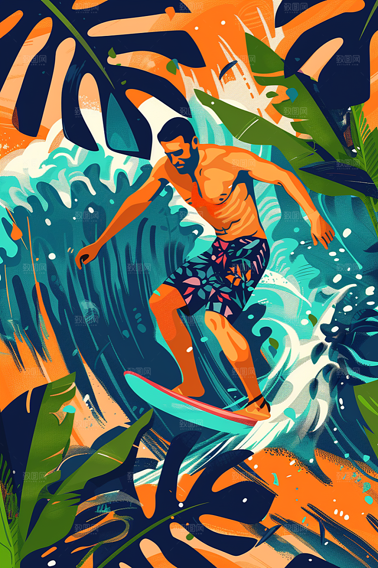 扁平风冲浪戏水彩色插画