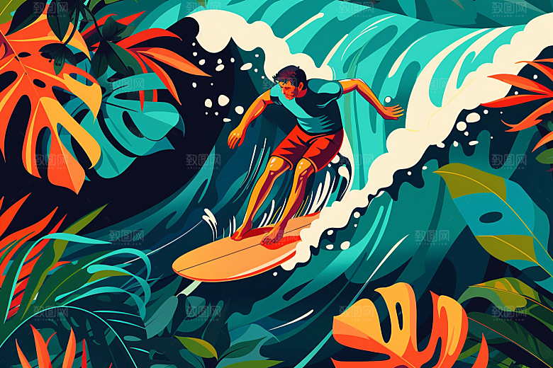 扁平风冲浪海浪INS风插画