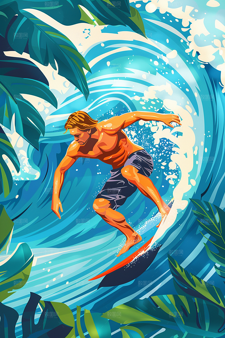 扁平风冲浪海边画报风插画