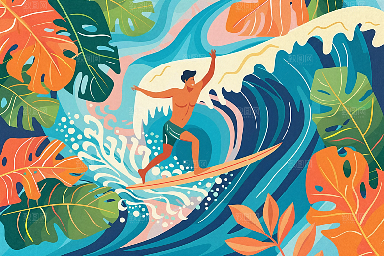 扁平风冲浪休闲海浪插画