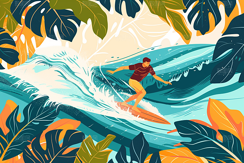 扁平风冲浪手绘画报风插画