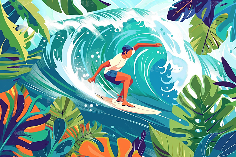 扁平风冲浪休闲海浪插画
