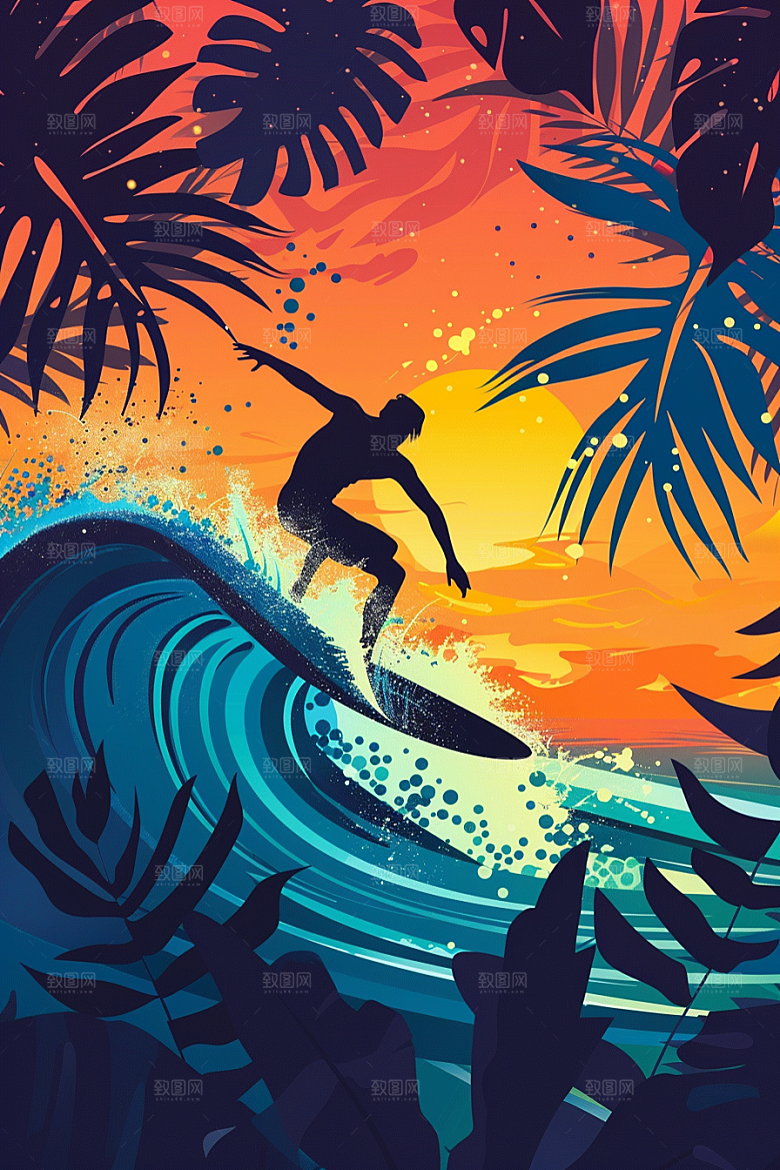 扁平风冲浪夏天体育插画
