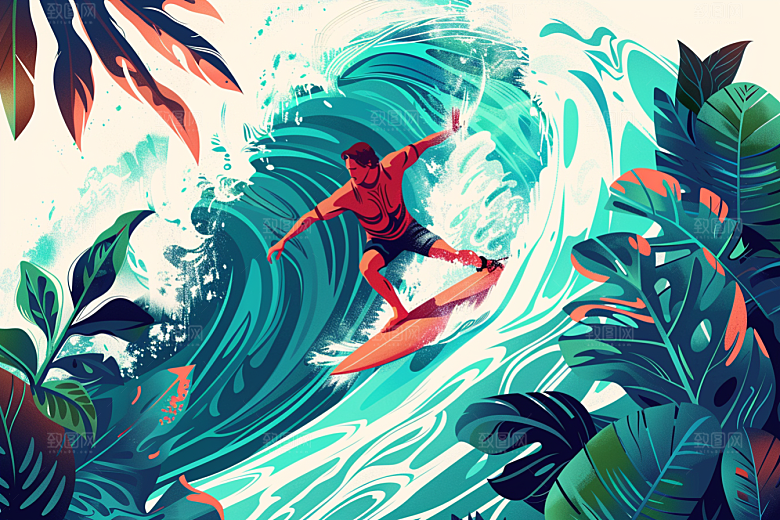 扁平风冲浪INS风清新插画