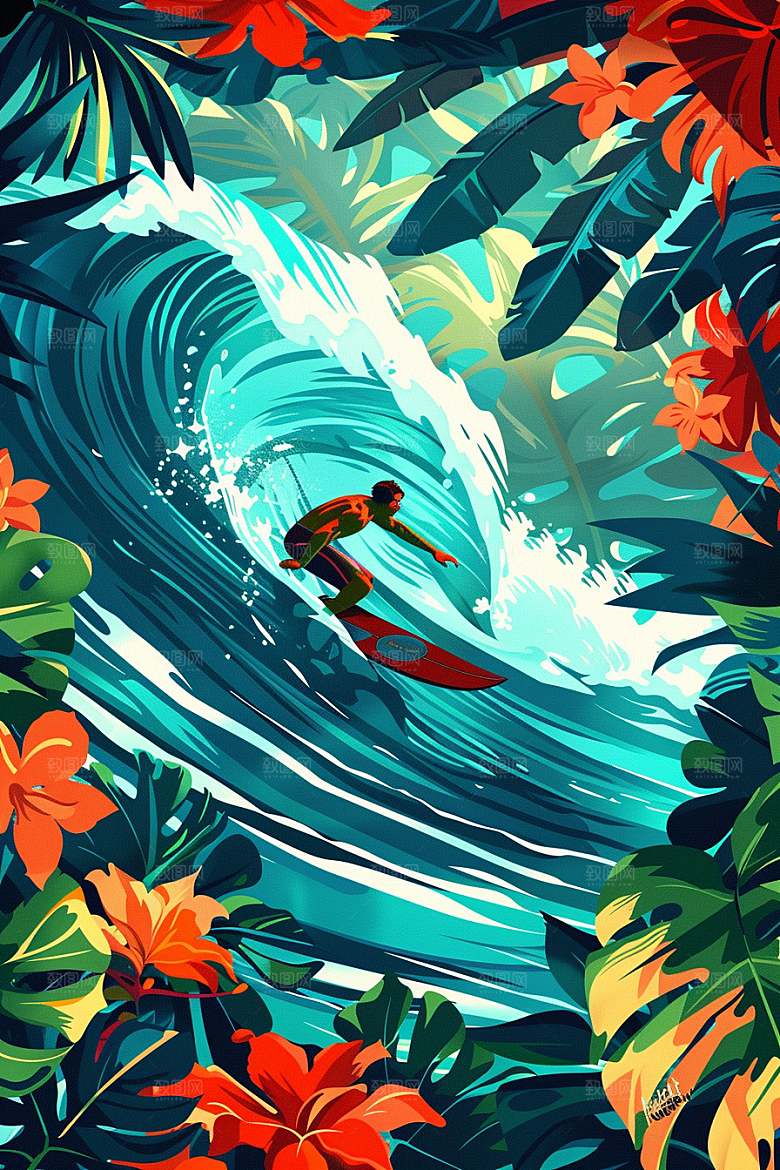 扁平风冲浪夏天手绘插画