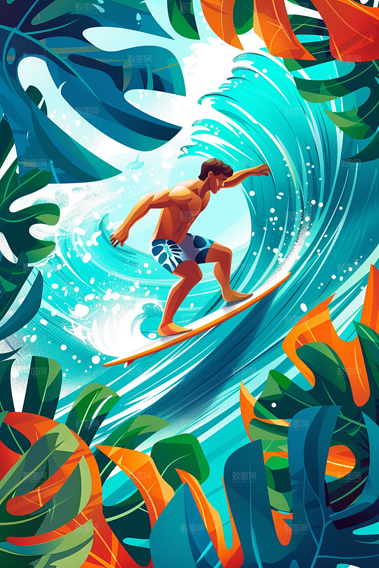扁平风冲浪戏水海边插画
