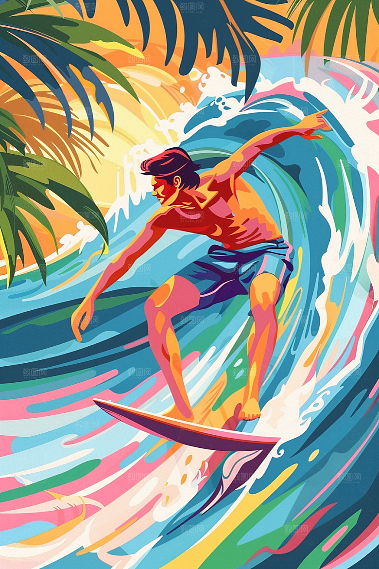 扁平风冲浪彩色夏天插画