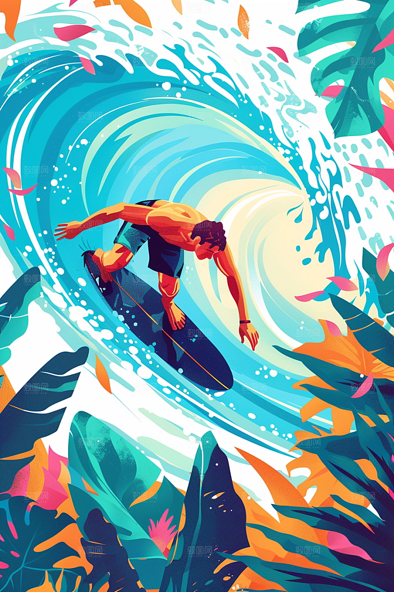 扁平风冲浪体育海浪插画